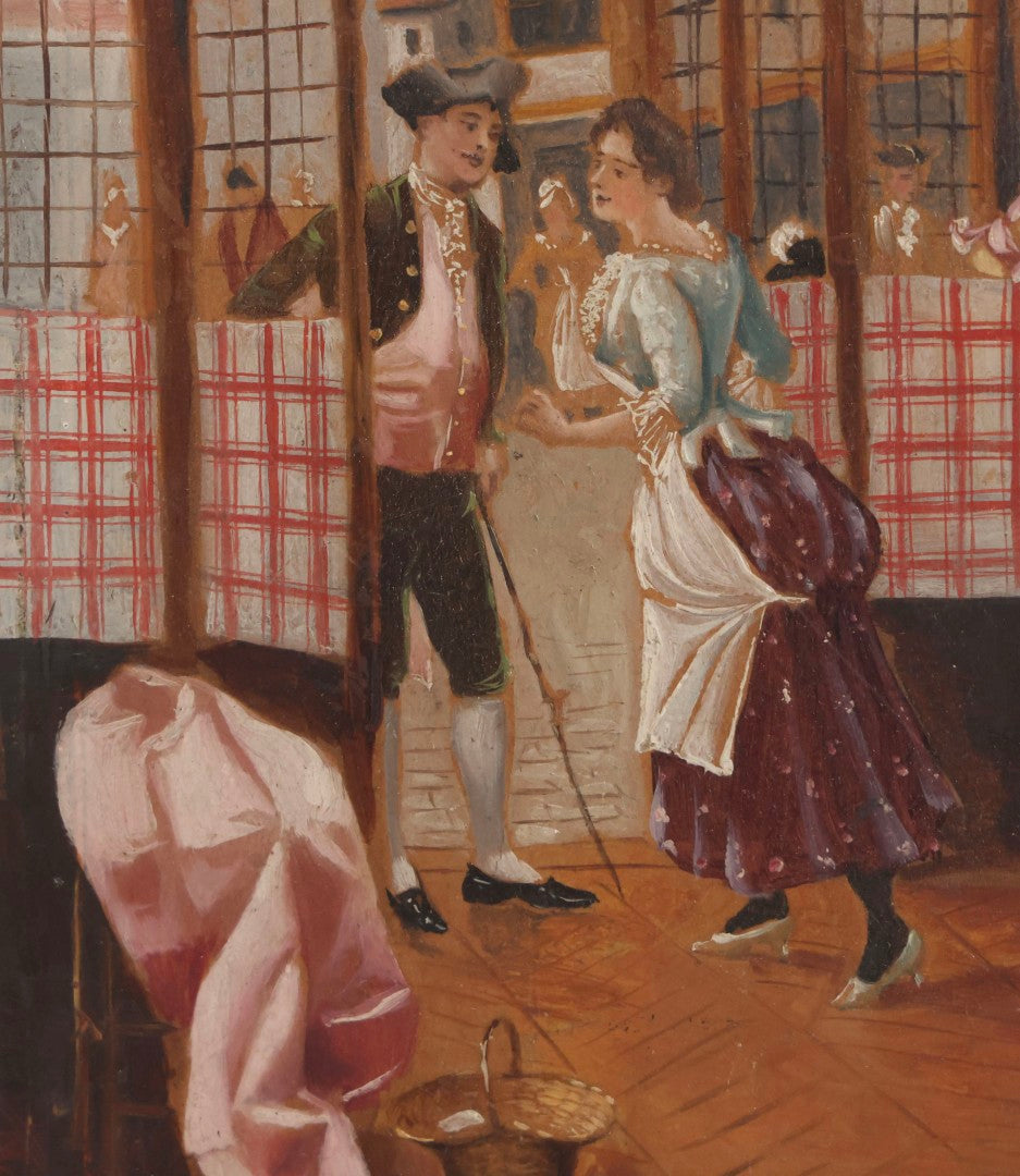 Lot 025 - Antique Miniature Painting On Wood Panel “Le Rendez-Vous,” Signed, Streetfront Scene With Figures, 4" x 6"