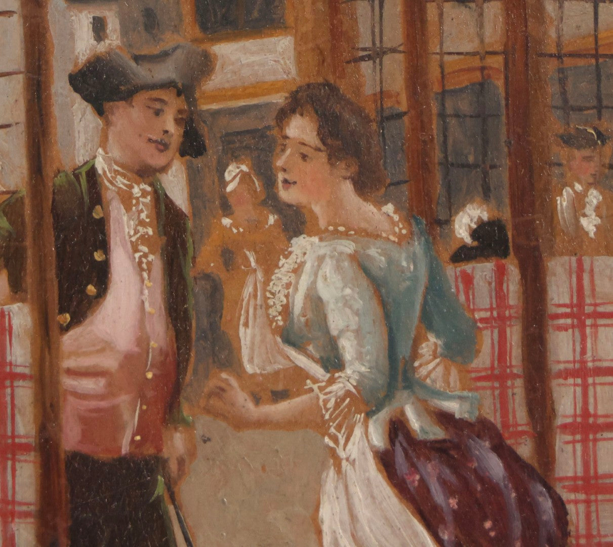 Lot 025 - Antique Miniature Painting On Wood Panel “Le Rendez-Vous,” Signed, Streetfront Scene With Figures, 4" x 6"