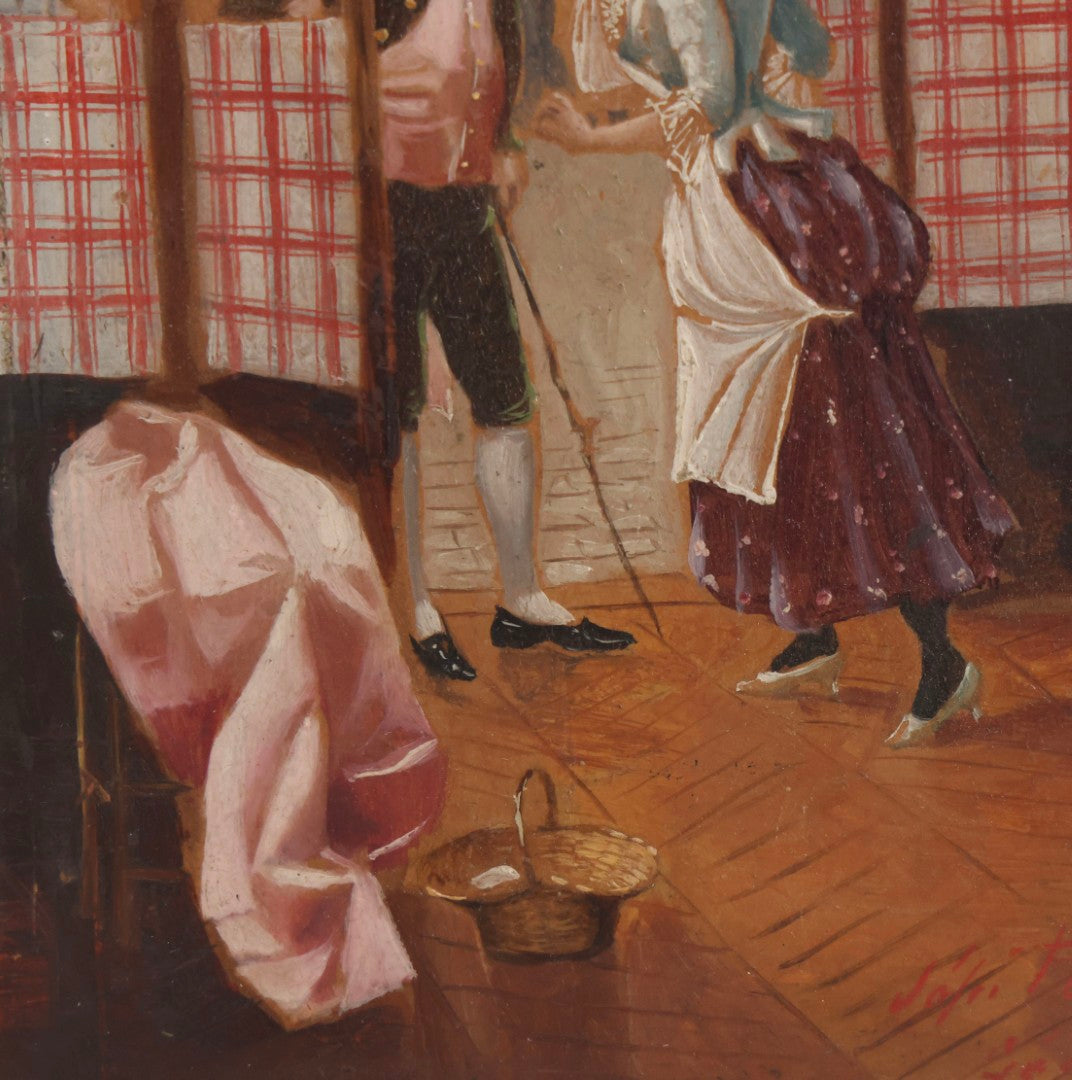 Lot 025 - Antique Miniature Painting On Wood Panel “Le Rendez-Vous,” Signed, Streetfront Scene With Figures, 4" x 6"