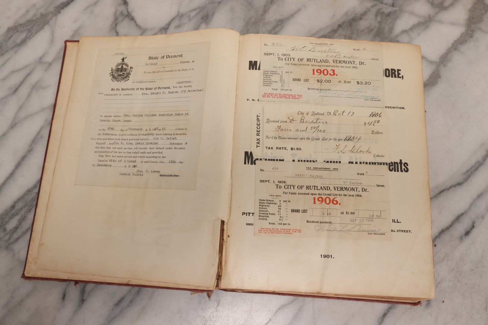 Lot 026 - Antique 1901 Manning, Maxwell & Moore Of New York Machine Tools Catalogue Used As Scrapbook And Receipt Book By Dwight H. Buxton Of Rutland, Vermont, Containing Receipts, Letters, Billheads, And Industrial Illustrations