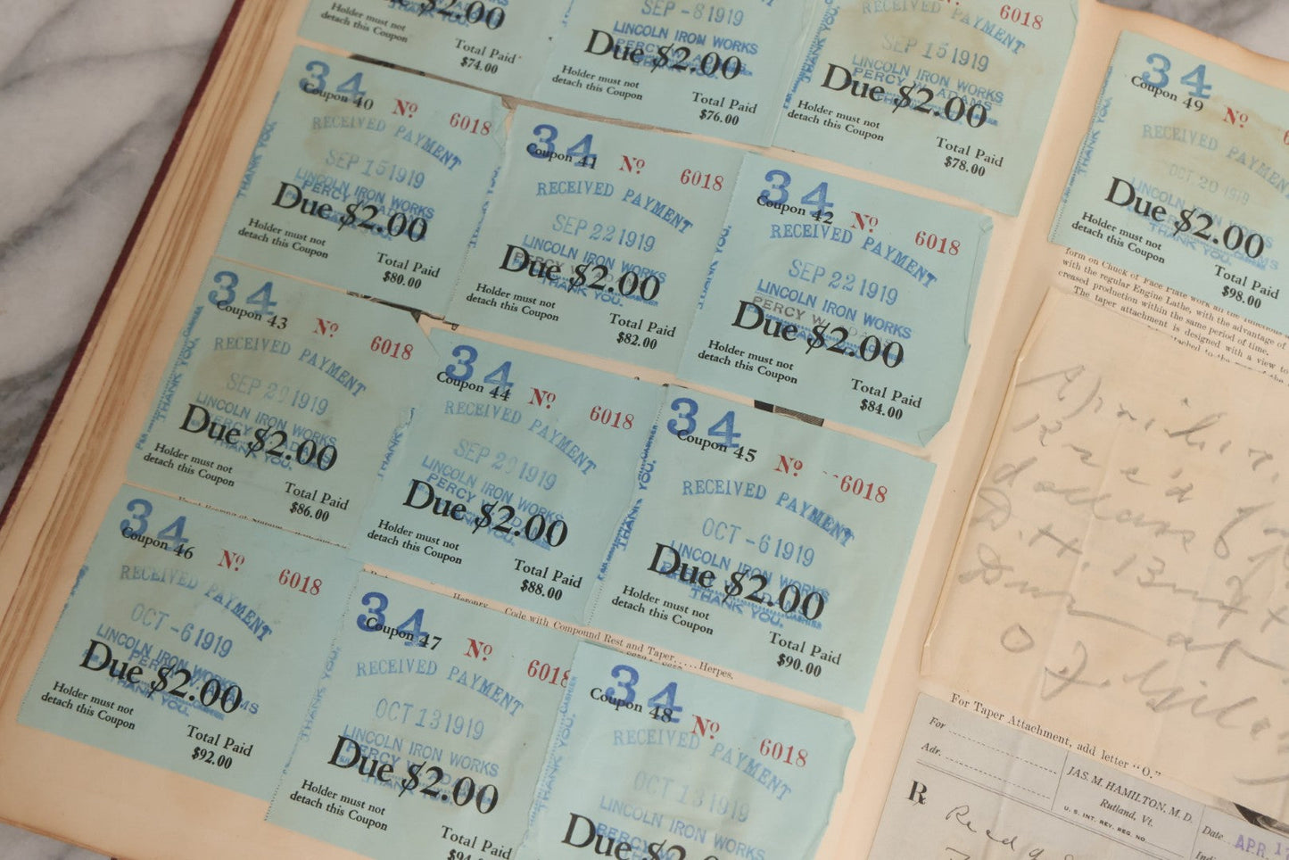 Lot 026 - Antique 1901 Manning, Maxwell & Moore Of New York Machine Tools Catalogue Used As Scrapbook And Receipt Book By Dwight H. Buxton Of Rutland, Vermont, Containing Receipts, Letters, Billheads, And Industrial Illustrations