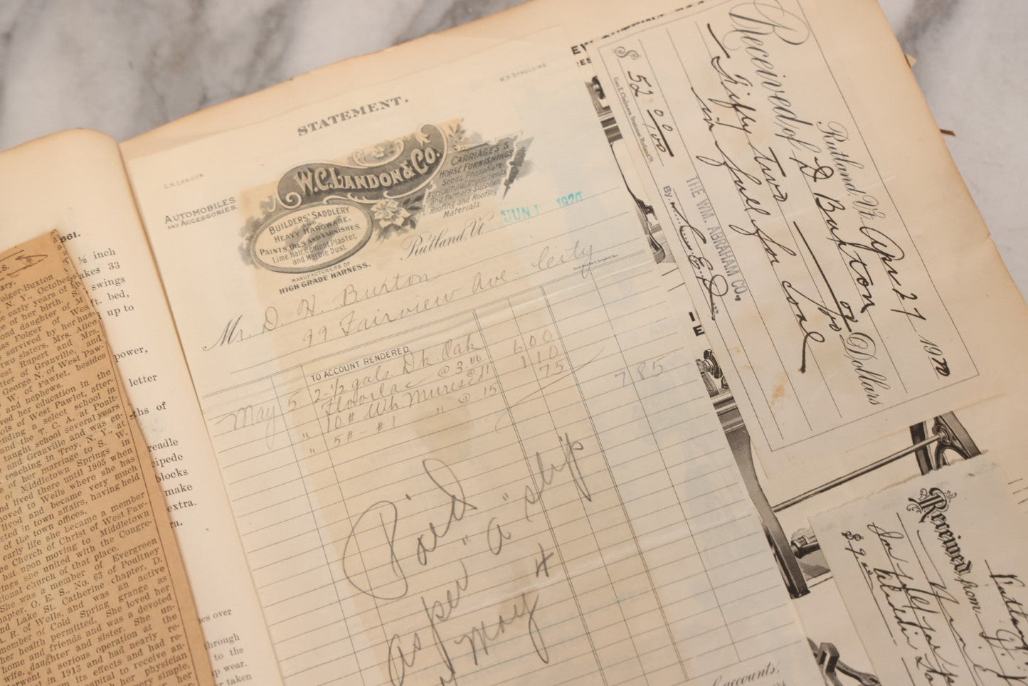 Lot 026 - Antique 1901 Manning, Maxwell & Moore Of New York Machine Tools Catalogue Used As Scrapbook And Receipt Book By Dwight H. Buxton Of Rutland, Vermont, Containing Receipts, Letters, Billheads, And Industrial Illustrations