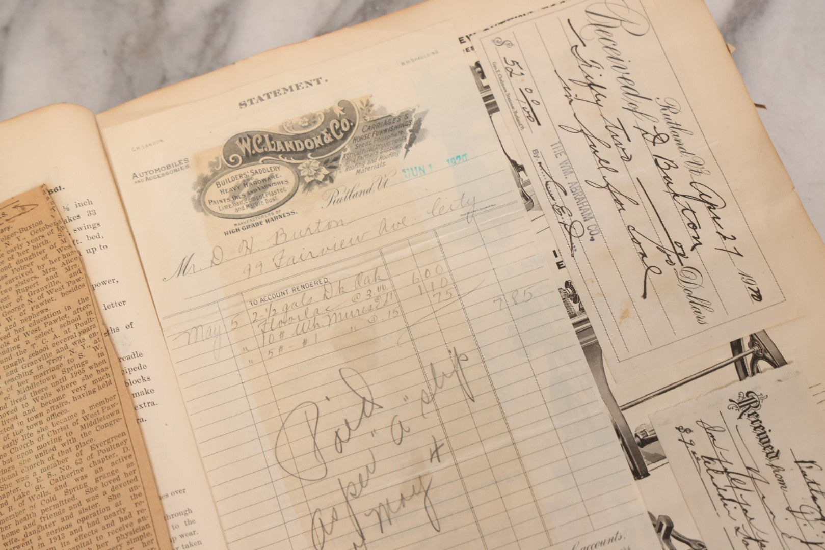 Lot 026 - Antique 1901 Manning, Maxwell & Moore Of New York Machine Tools Catalogue Used As Scrapbook And Receipt Book By Dwight H. Buxton Of Rutland, Vermont, Containing Receipts, Letters, Billheads, And Industrial Illustrations