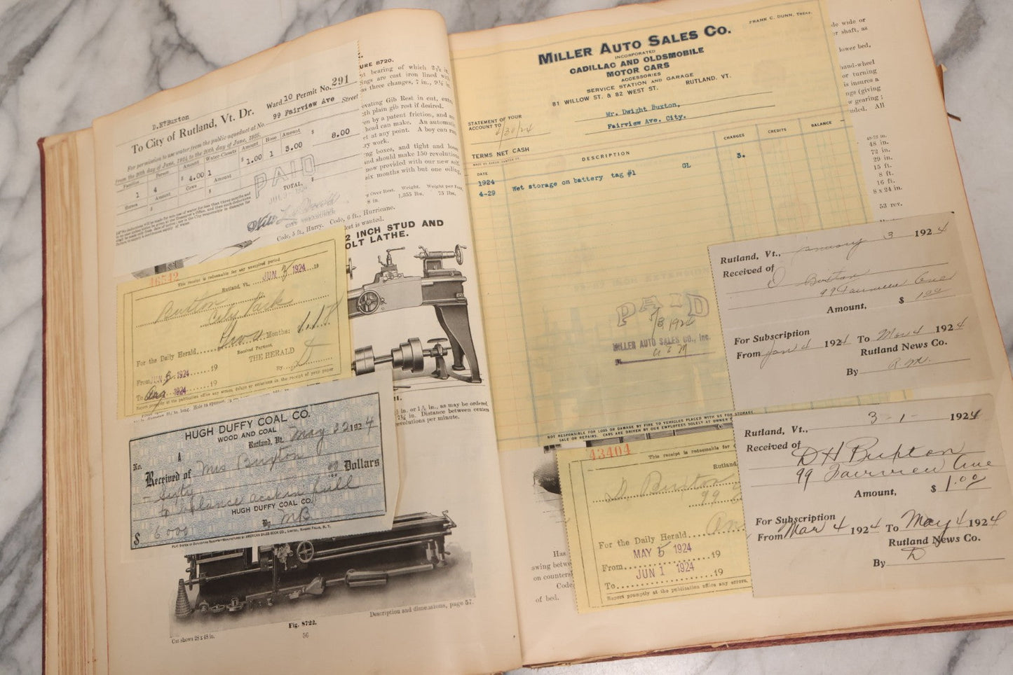 Lot 026 - Antique 1901 Manning, Maxwell & Moore Of New York Machine Tools Catalogue Used As Scrapbook And Receipt Book By Dwight H. Buxton Of Rutland, Vermont, Containing Receipts, Letters, Billheads, And Industrial Illustrations