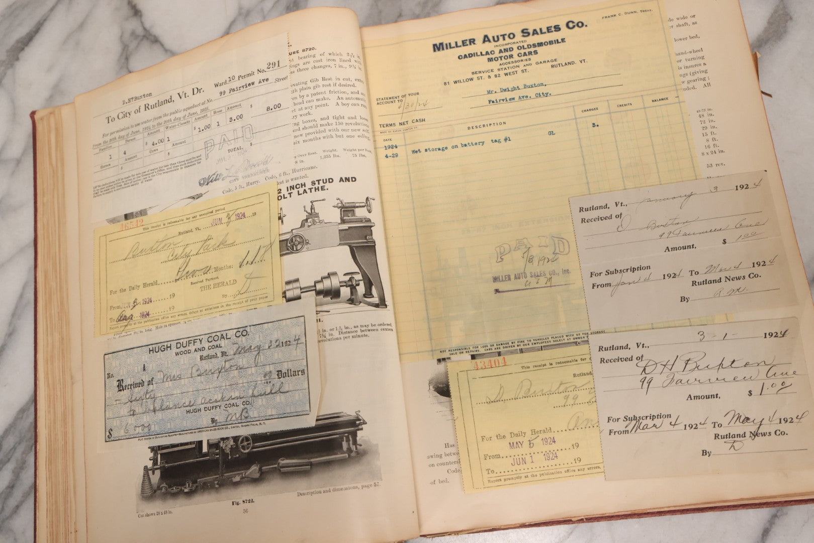 Lot 026 - Antique 1901 Manning, Maxwell & Moore Of New York Machine Tools Catalogue Used As Scrapbook And Receipt Book By Dwight H. Buxton Of Rutland, Vermont, Containing Receipts, Letters, Billheads, And Industrial Illustrations