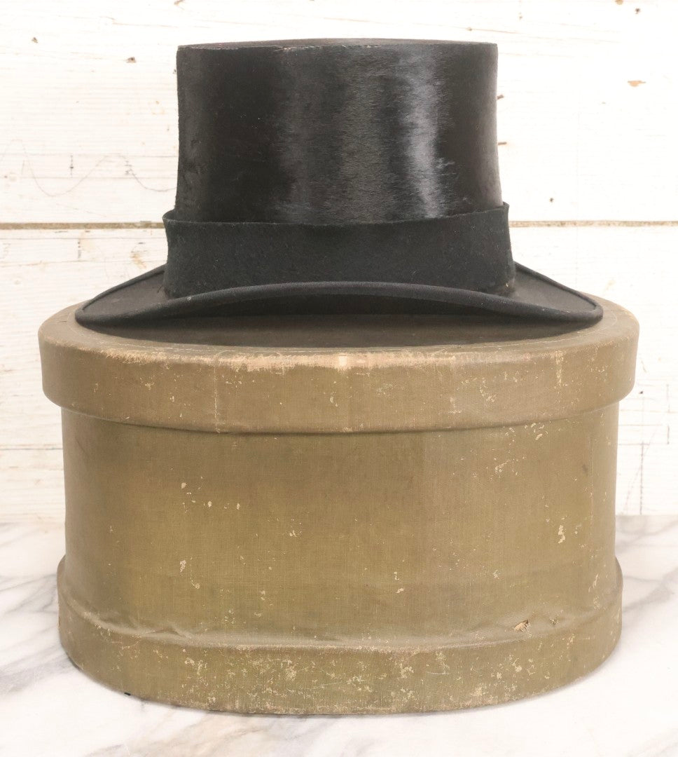Lot 027 - Antique Top Hat With "The Heim Hat" Maker's Mark, Manchester, New Hampshire, Likely Beaverskin, Size 7-1/8, With Period Paperboard Hat Box