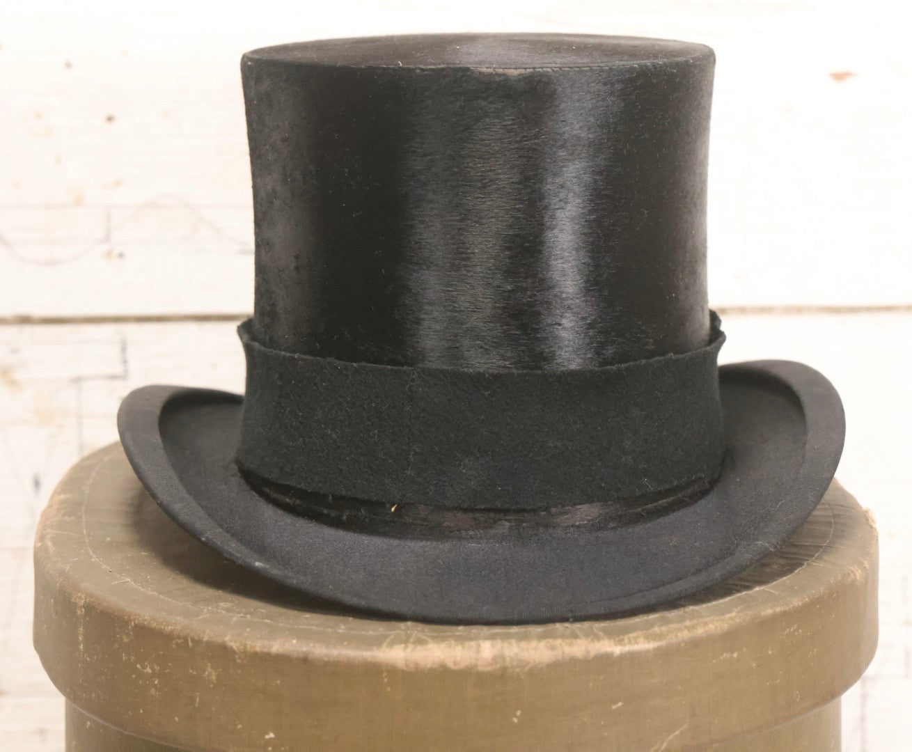 Lot 027 - Antique Top Hat With "The Heim Hat" Maker's Mark, Manchester, New Hampshire, Likely Beaverskin, Size 7-1/8, With Period Paperboard Hat Box