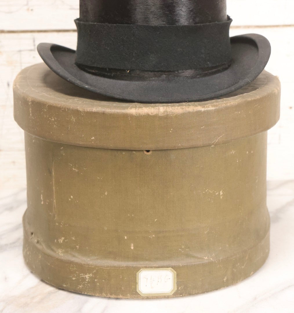 Lot 027 - Antique Top Hat With "The Heim Hat" Maker's Mark, Manchester, New Hampshire, Likely Beaverskin, Size 7-1/8, With Period Paperboard Hat Box