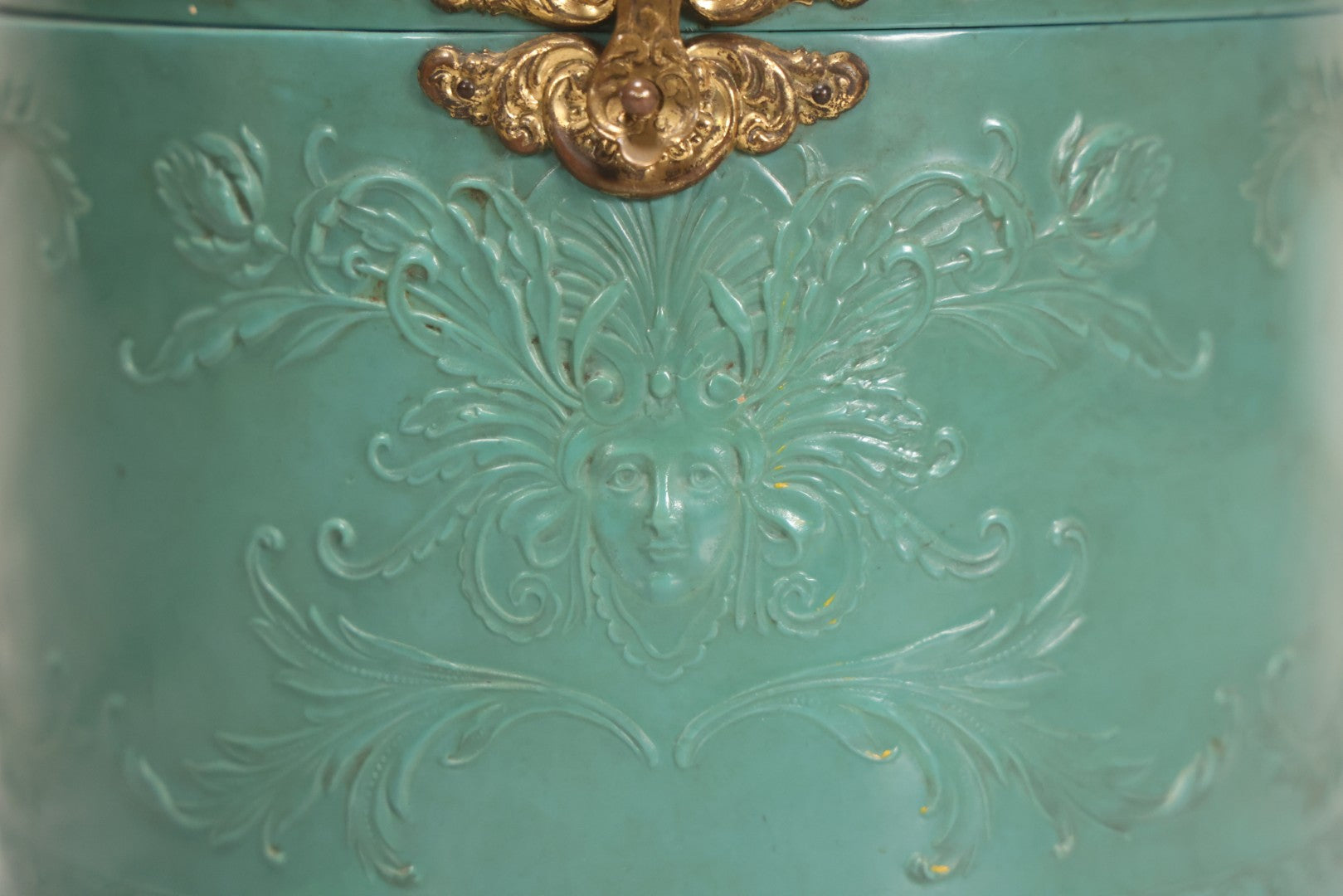 Lot 028 - Antique Blue-Green And White Celluloid Collar Box With Printed Portrait Of Woman, Pink Fabric Lining, And Arrow Cluett Peabody & Co. Collar, 6" H