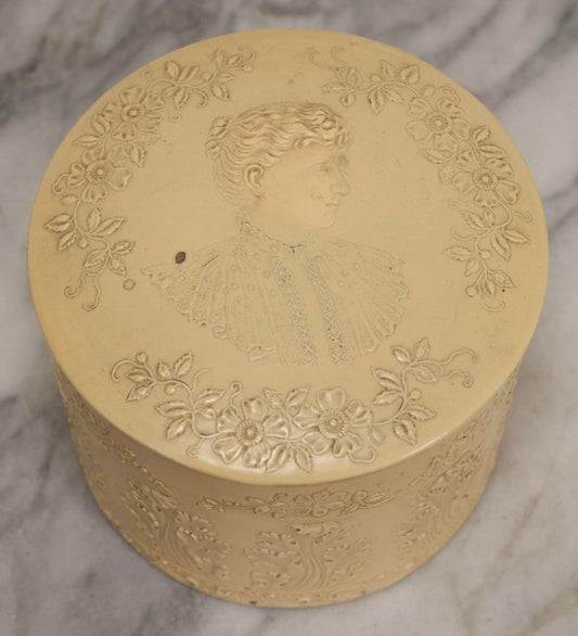 Lot 029 - Antique Cream Celluloid Collar Box With Embossed Portrait Of Woman And Floral Decoration, 4-3/4" H