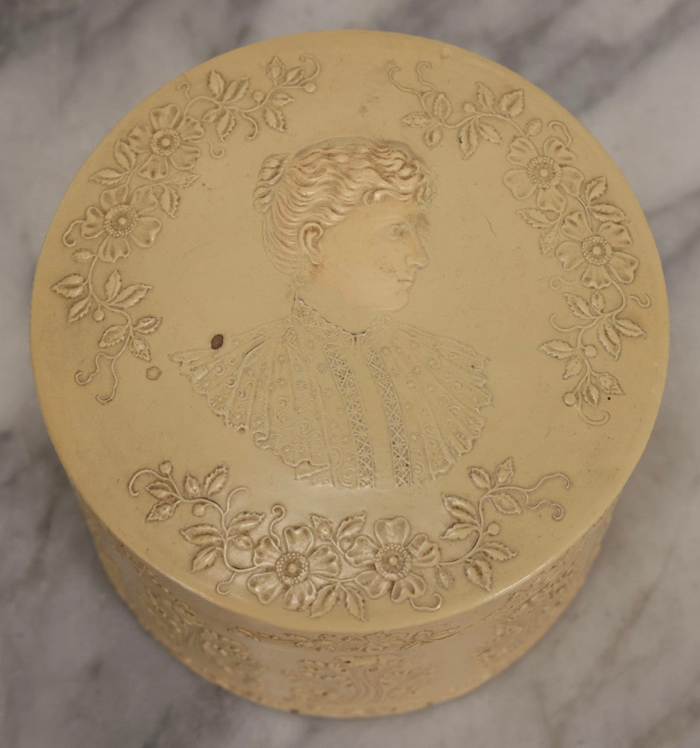 Lot 029 - Antique Cream Celluloid Collar Box With Embossed Portrait Of Woman And Floral Decoration, 4-3/4" H