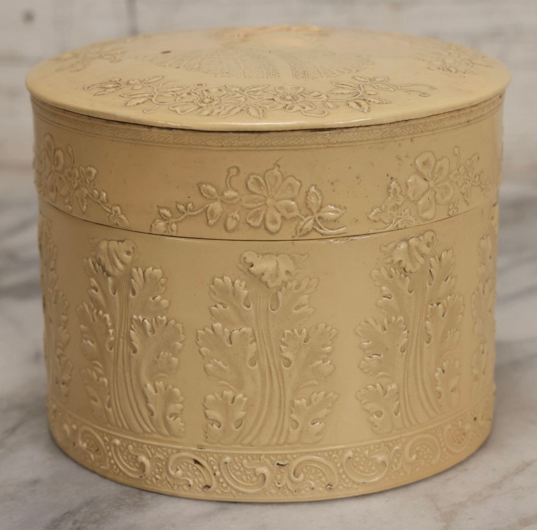 Lot 029 - Antique Cream Celluloid Collar Box With Embossed Portrait Of Woman And Floral Decoration, 4-3/4" H