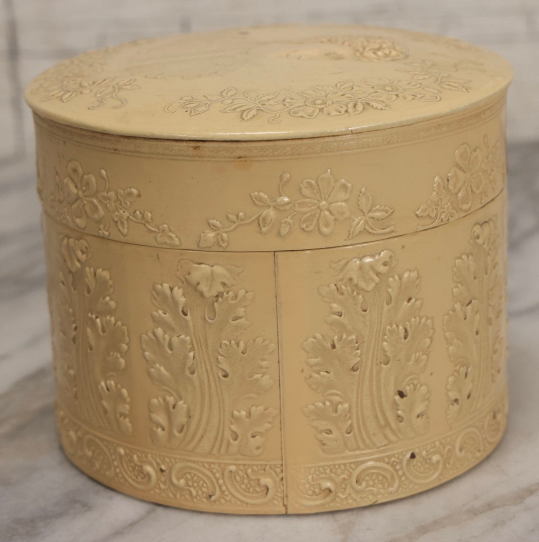 Lot 029 - Antique Cream Celluloid Collar Box With Embossed Portrait Of Woman And Floral Decoration, 4-3/4" H