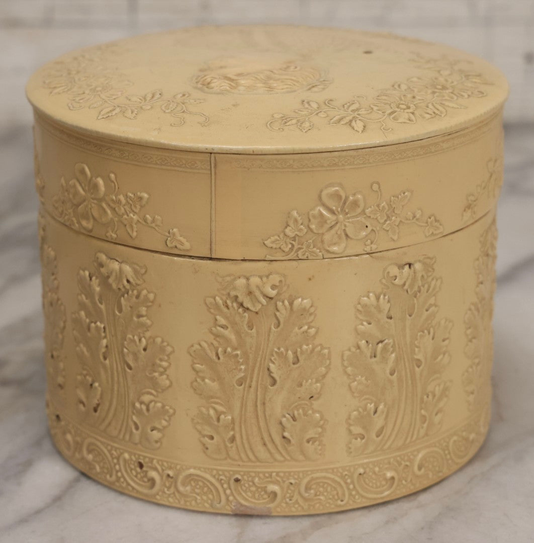 Lot 029 - Antique Cream Celluloid Collar Box With Embossed Portrait Of Woman And Floral Decoration, 4-3/4" H