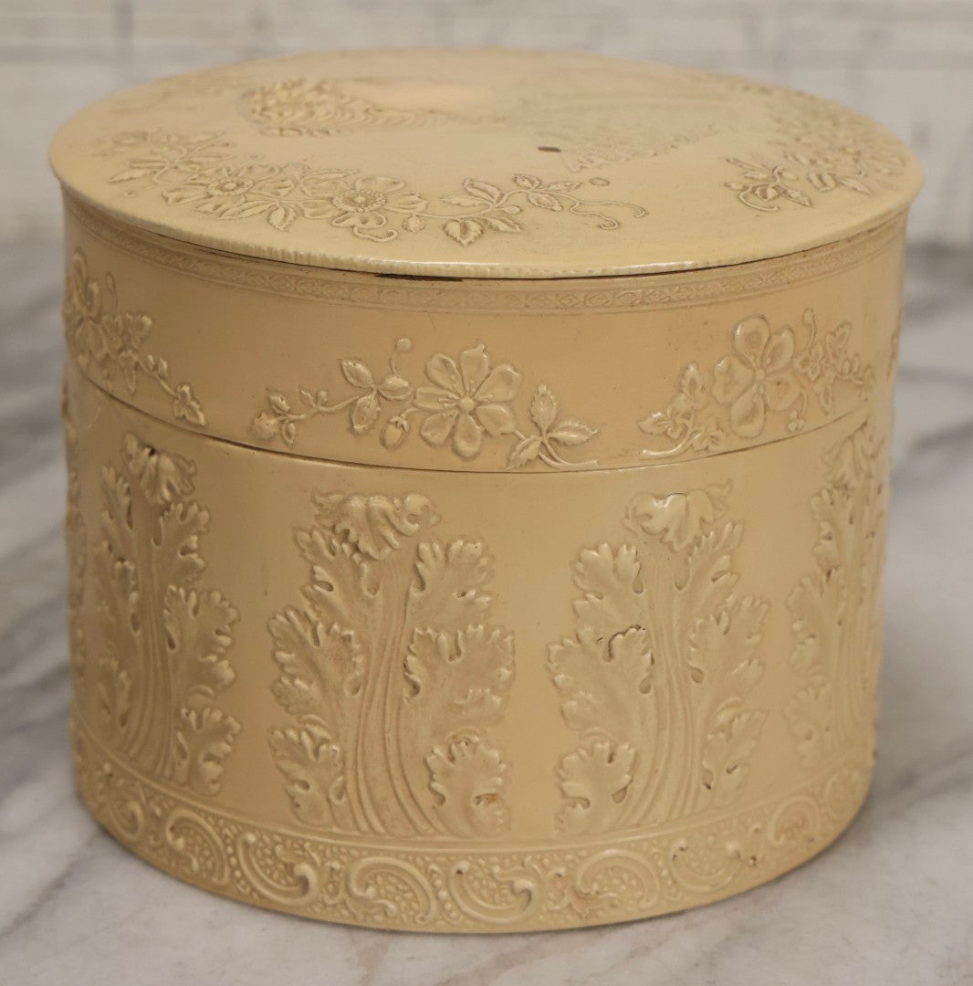 Lot 029 - Antique Cream Celluloid Collar Box With Embossed Portrait Of Woman And Floral Decoration, 4-3/4" H