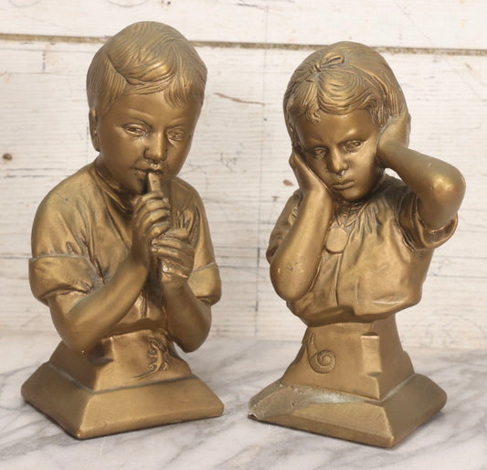 Lot 033 - Pair Of Vintage Gold-Painted Chalkware Busts Of Boy Playing Recorder And Girl Covering Her Ears, After E. Villanis For Esco Products, 9-1/2" H