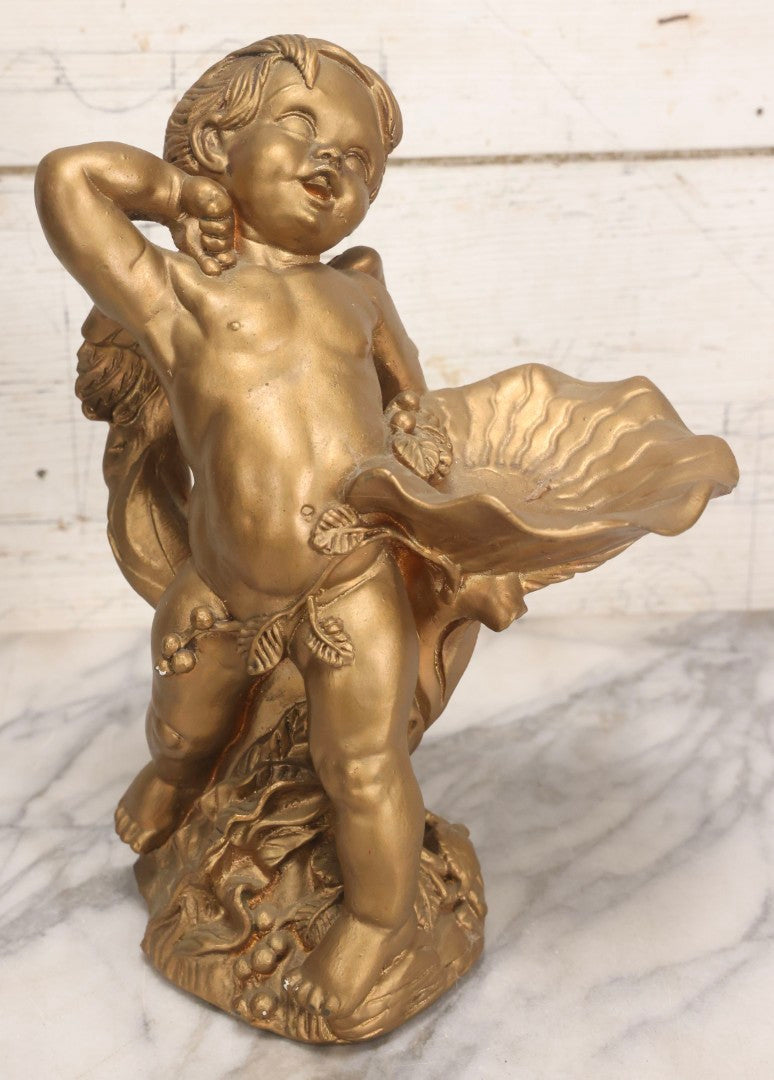 Lot 034 - Vintage Gold-Painted Chalkware Statue Of Yawning Cupid With Grapes, Vines, And Crab Motif, 11-3/4" H