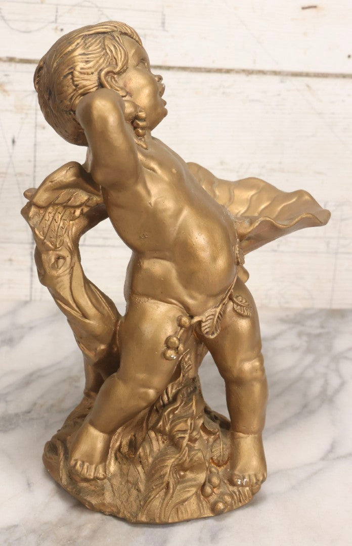 Lot 034 - Vintage Gold-Painted Chalkware Statue Of Yawning Cupid With Grapes, Vines, And Crab Motif, 11-3/4" H
