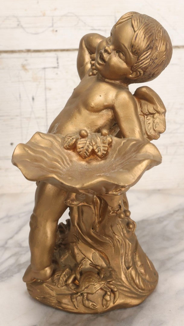 Lot 034 - Vintage Gold-Painted Chalkware Statue Of Yawning Cupid With Grapes, Vines, And Crab Motif, 11-3/4" H