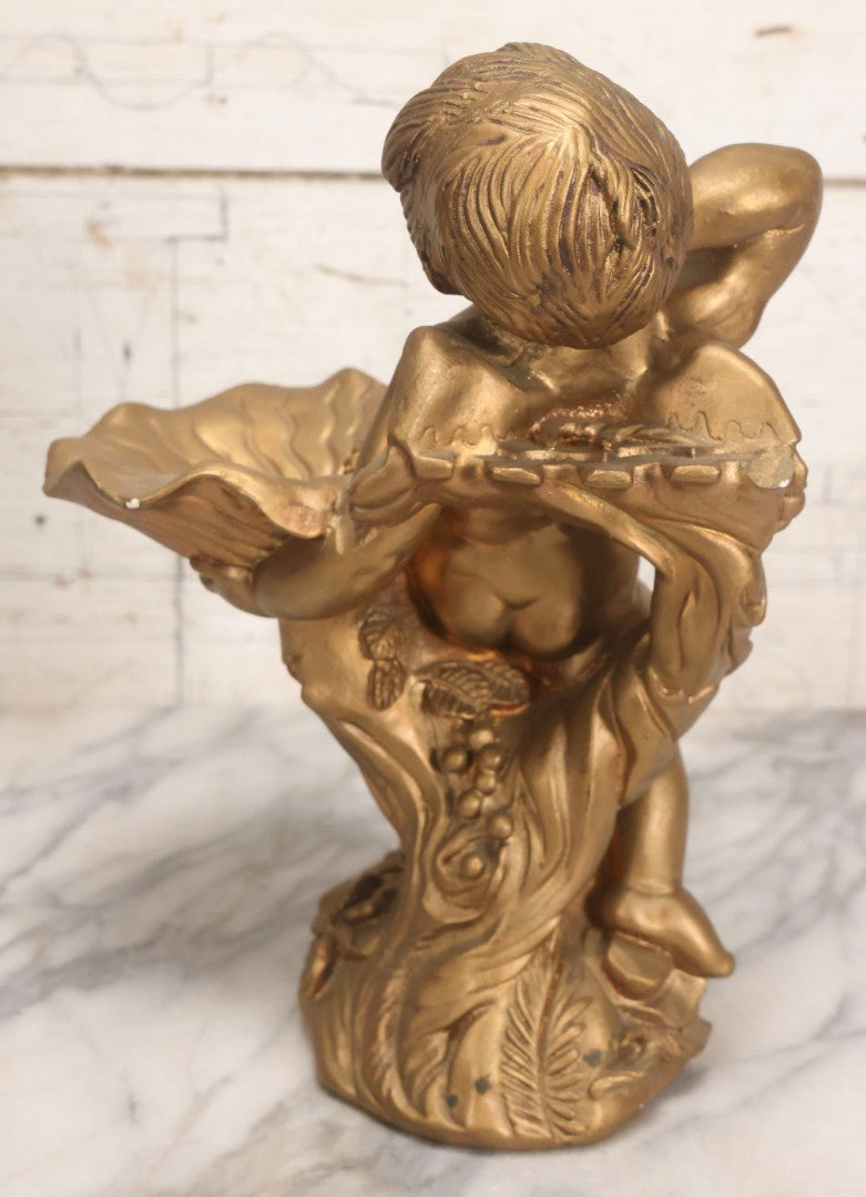Lot 034 - Vintage Gold-Painted Chalkware Statue Of Yawning Cupid With Grapes, Vines, And Crab Motif, 11-3/4" H
