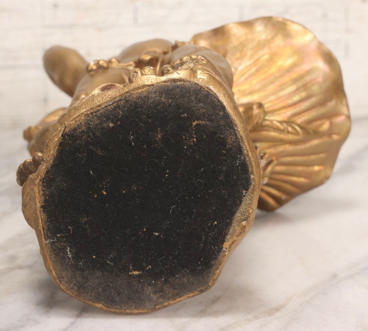 Lot 034 - Vintage Gold-Painted Chalkware Statue Of Yawning Cupid With Grapes, Vines, And Crab Motif, 11-3/4" H