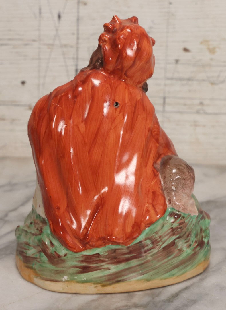 Lot 036 - Antique Staffordshire Porcelain Figure Of Girl In Red Hood With Basket And Dog, Possibly Little Red Riding Hood, 7-1/2" H