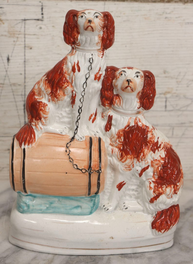 Lot 037 - Antique Staffordshire-Style Pottery Figurine Of Spaniel Dogs On Barrel With Crackle Finish, Circa 1880, 8-7/8" H