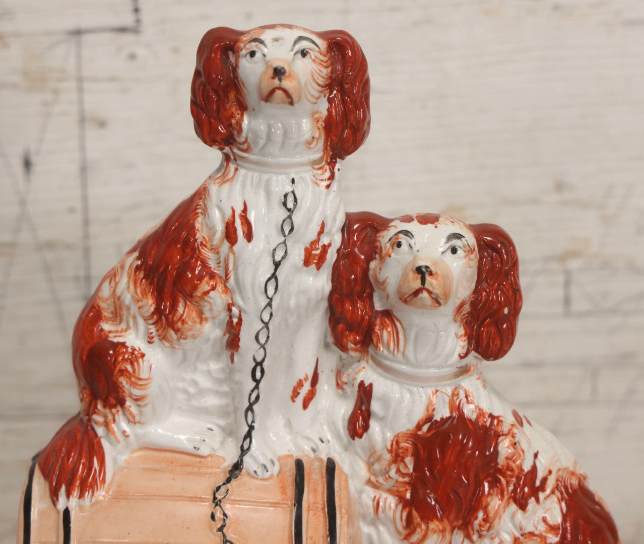 Lot 037 - Antique Staffordshire-Style Pottery Figurine Of Spaniel Dogs On Barrel With Crackle Finish, Circa 1880, 8-7/8" H