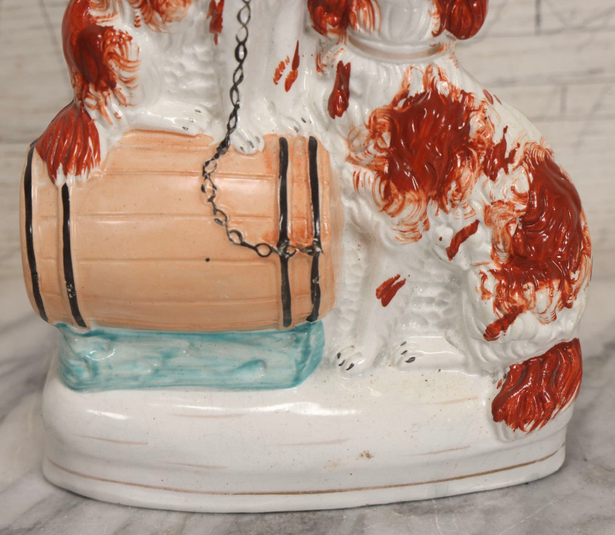 Lot 037 - Antique Staffordshire-Style Pottery Figurine Of Spaniel Dogs On Barrel With Crackle Finish, Circa 1880, 8-7/8" H