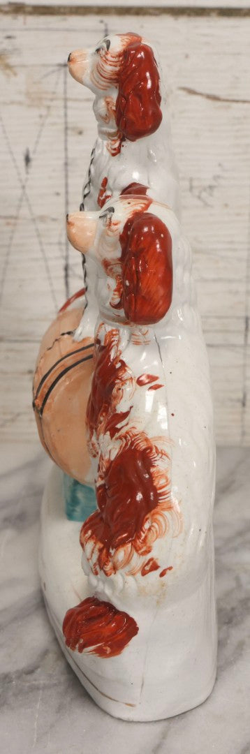 Lot 037 - Antique Staffordshire-Style Pottery Figurine Of Spaniel Dogs On Barrel With Crackle Finish, Circa 1880, 8-7/8" H