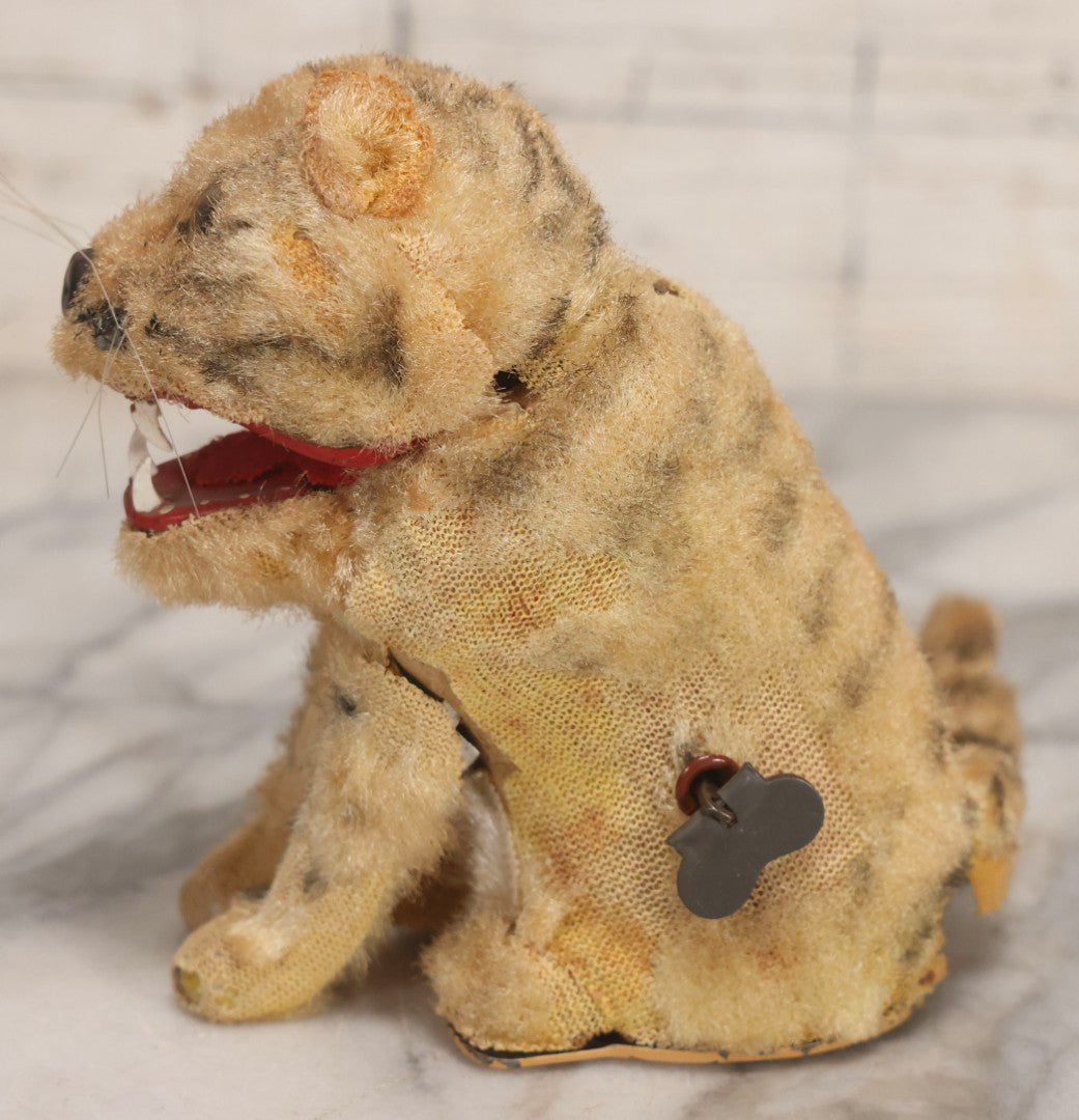 Lot 039 - Vintage Windup Mechanical Tiger Toy With Fur Covering And Exposed Tin Mechanism, 5" H