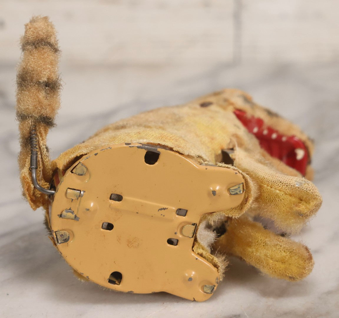 Lot 039 - Vintage Windup Mechanical Tiger Toy With Fur Covering And Exposed Tin Mechanism, 5" H