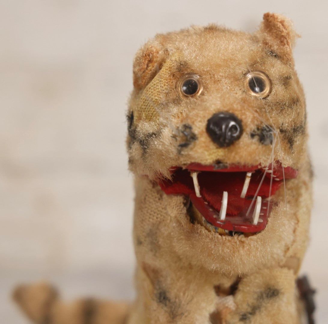Lot 039 - Vintage Windup Mechanical Tiger Toy With Fur Covering And Exposed Tin Mechanism, 5" H