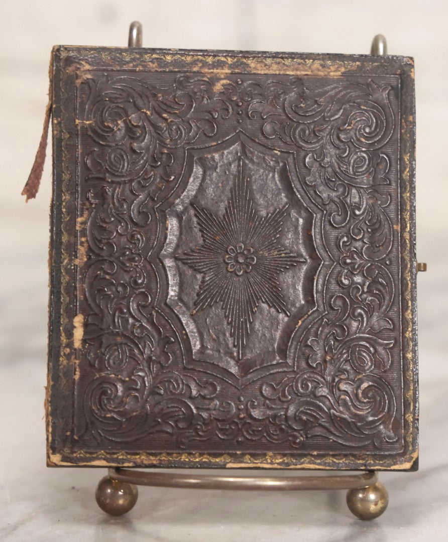 Lot 046 - Antique 1/6th Plate Ruby Ambrotype Photograph Of Pretty Young Girl In Off-Shoulder Dress With Jewelry, Posed Resting Hand Against Head, In Full Split Leatherette Union Case