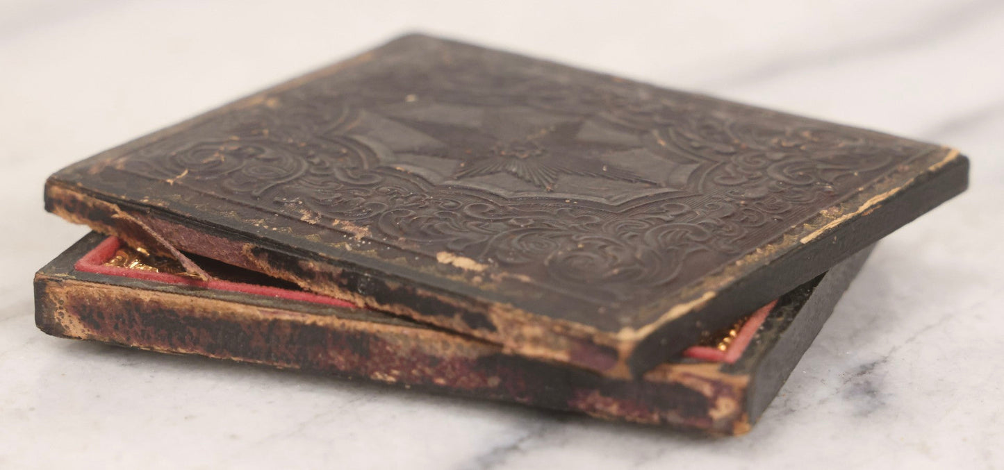 Lot 046 - Antique 1/6th Plate Ruby Ambrotype Photograph Of Pretty Young Girl In Off-Shoulder Dress With Jewelry, Posed Resting Hand Against Head, In Full Split Leatherette Union Case