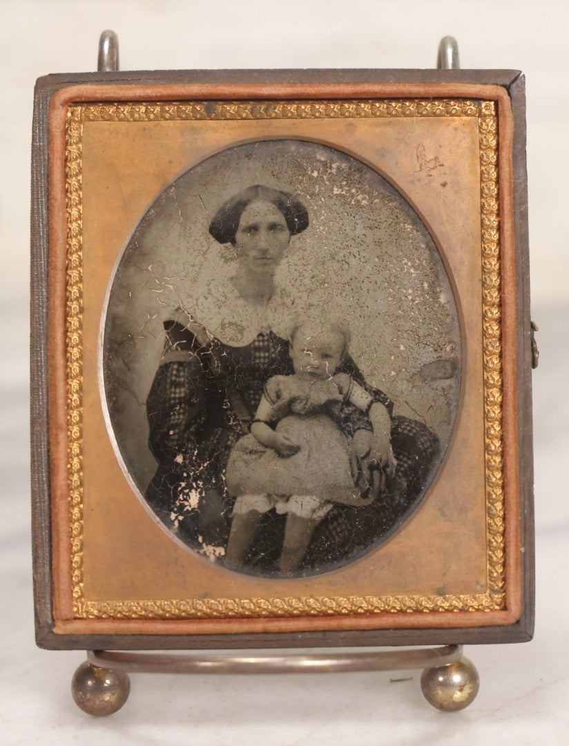 Lot 049 - Antique 1/6th Plate Ambrotype Photograph Of Seated Woman With Baby In Half Leatherette Union Case, Note Poor Condition