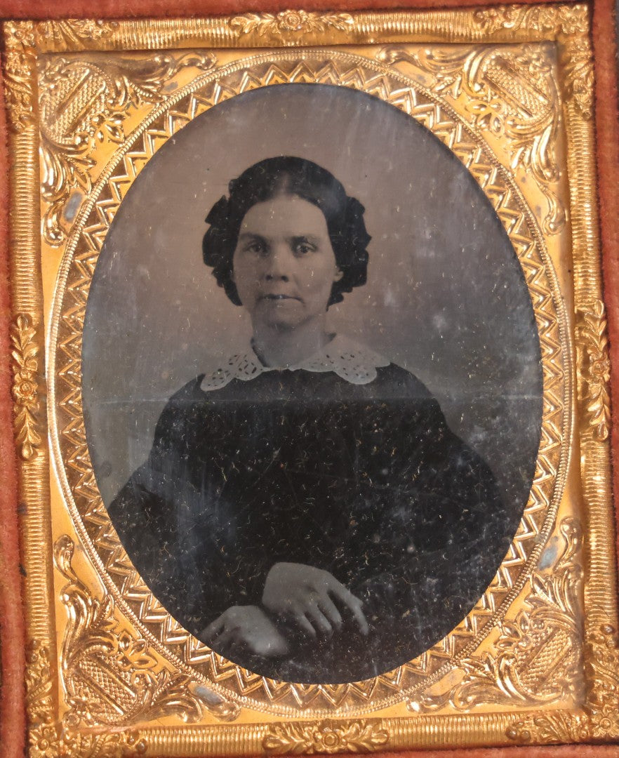 Lot 051 - Pair Of Antique 1/9th Plate Ruby Ambrotype Photographs Of Chubby Young Girl And Older Woman, Possibly Mother And Daughter, In Littlefield, Parsons & Co. Double Thermoplastic Union Case Patented 1856–1857, Note Crack To One Image