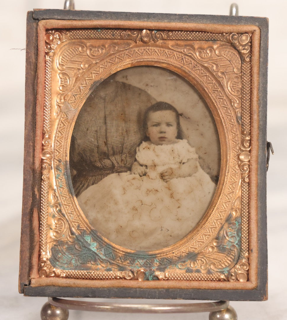 Lot 055 - Antique 1/6th Plate Ambrotype Photograph Of Little Girl In White Dress With “Not-So-Hidden” Mother Visible, In Half Leatherette Union Case