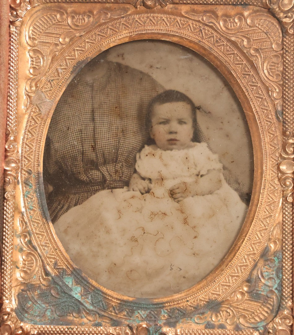 Lot 055 - Antique 1/6th Plate Ambrotype Photograph Of Little Girl In White Dress With “Not-So-Hidden” Mother Visible, In Half Leatherette Union Case