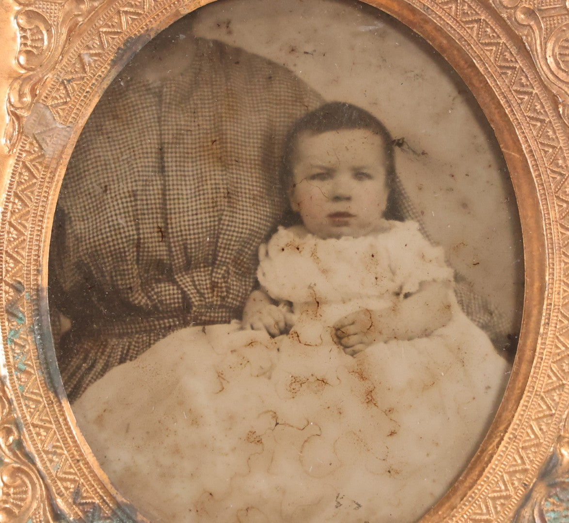 Lot 055 - Antique 1/6th Plate Ambrotype Photograph Of Little Girl In White Dress With “Not-So-Hidden” Mother Visible, In Half Leatherette Union Case