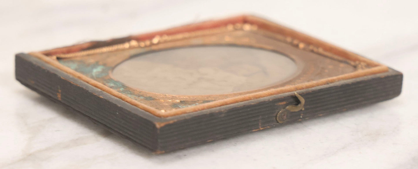 Lot 055 - Antique 1/6th Plate Ambrotype Photograph Of Little Girl In White Dress With “Not-So-Hidden” Mother Visible, In Half Leatherette Union Case