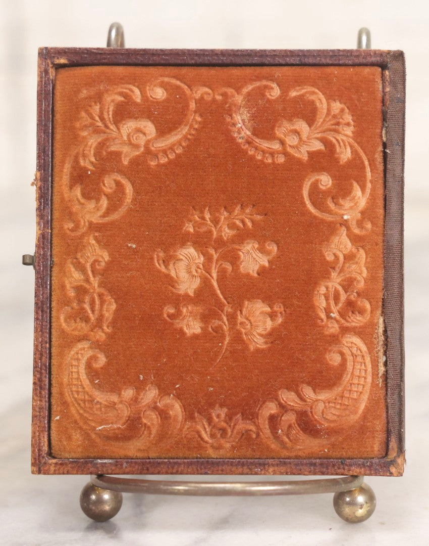 Lot 056 - Antique 1/6th Plate Ambrotype Photograph Of Impatient Little Girl In Off-Shoulder Dress In Full Split Leatherette Union Case With Bouquet And Birds Design