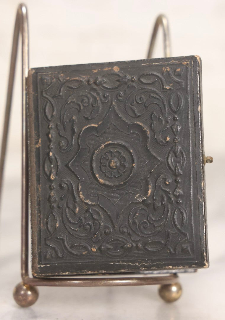 Lot 058 - Antique 1/9th Plate Hand-Tinted Ambrotype Photograph Of Woman With Shawl And Jewelry, In Full Leatherette Union Case Repaired With Taped Hinge