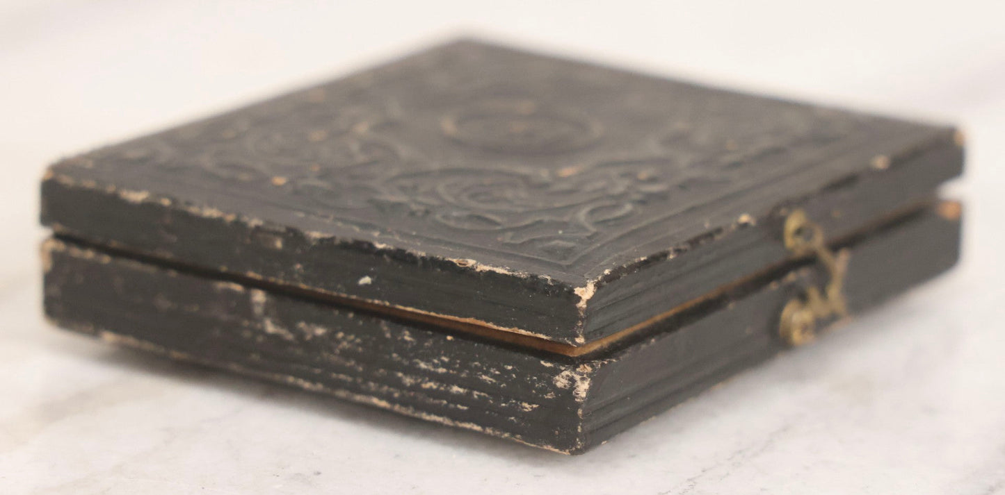 Lot 058 - Antique 1/9th Plate Hand-Tinted Ambrotype Photograph Of Woman With Shawl And Jewelry, In Full Leatherette Union Case Repaired With Taped Hinge