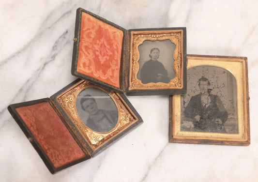 Lot 063 - Trio Of Antique Cased Photographs: Two 1/9th Plate Tintypes And One 1/6th Plate Ambrotype