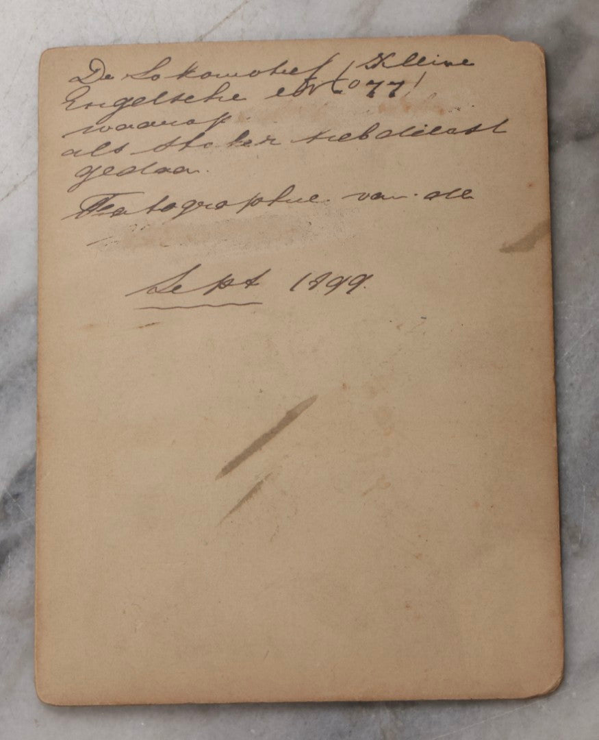 Lot 078 - Trio Of Antique Boarded Photographs Of Men Posing In Front Of Late 19th-Century Locomotives, Including Locomotive No. 77, With German Handwritten Notes On Verso Dated 1899