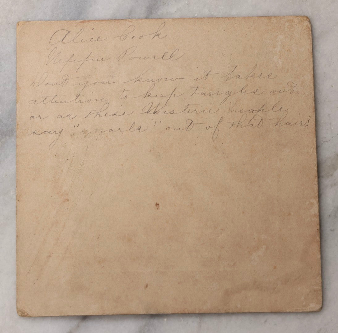 Lot 081 - Antique Boarded Photograph Of Two Girls With Matching Long Wavy Hair, Identified As "Alice Cook And Neffie Powell," With Humorous Note On Verso About Keeping “Snarls” Out Of Their Hair
