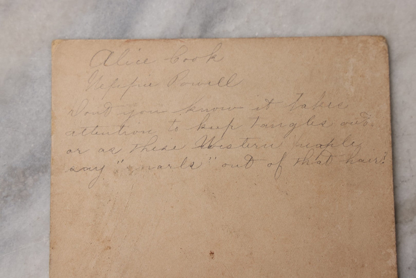 Lot 081 - Antique Boarded Photograph Of Two Girls With Matching Long Wavy Hair, Identified As "Alice Cook And Neffie Powell," With Humorous Note On Verso About Keeping “Snarls” Out Of Their Hair