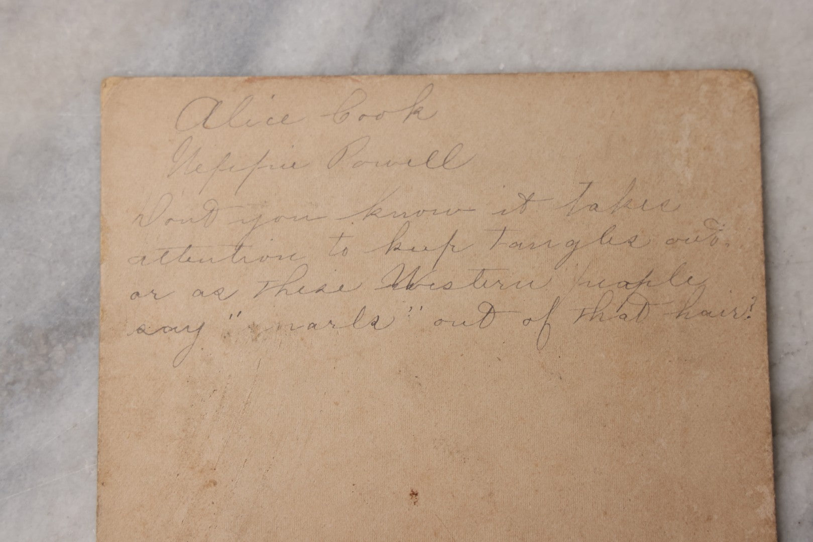 Lot 081 - Antique Boarded Photograph Of Two Girls With Matching Long Wavy Hair, Identified As "Alice Cook And Neffie Powell," With Humorous Note On Verso About Keeping “Snarls” Out Of Their Hair