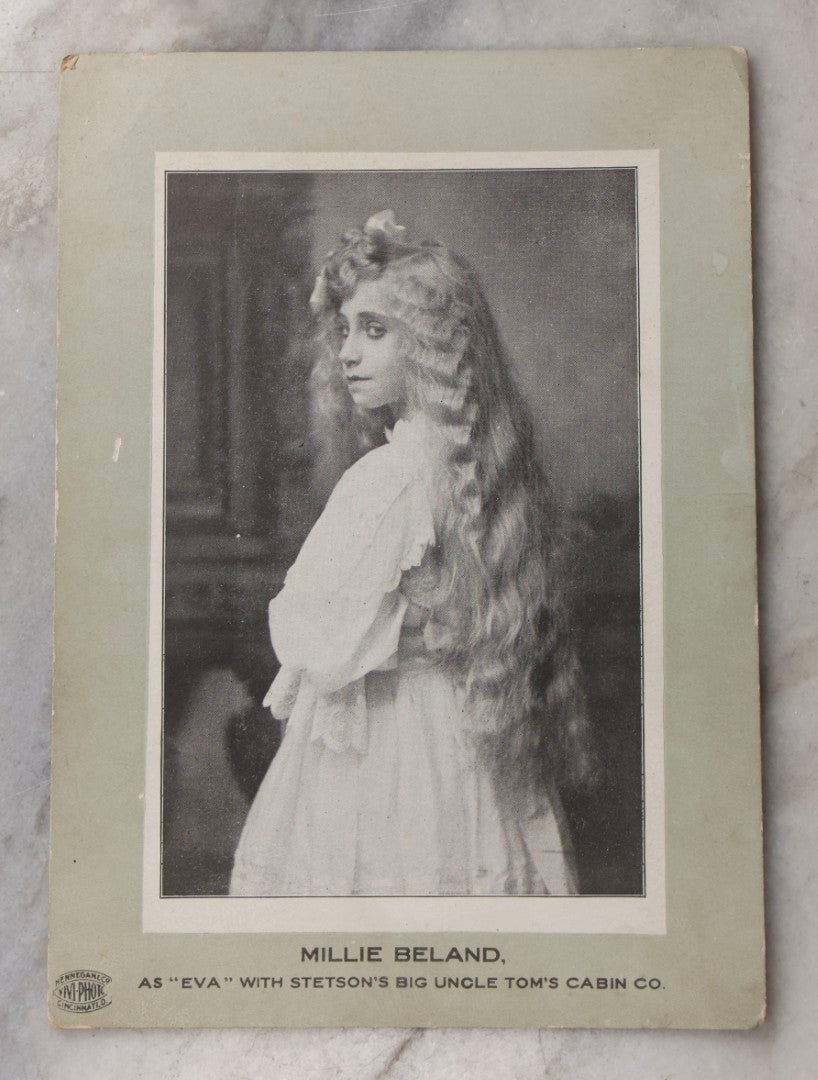 Lot 082 - Antique Photographic Promo Card Of Millie Beland As "Eva" With Stetson's Big Uncle Tom's Cabin Co., Produced By Hennegane Co. Vivi-Photo, Cincinnati